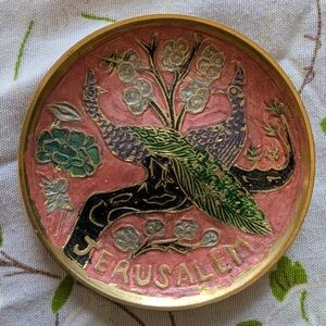 Artistic Jerusalem Ceramic Plate with Pink and Green Design